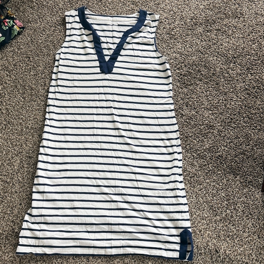 Lands' End Sleeveless Navy and White Striped Midi Dress